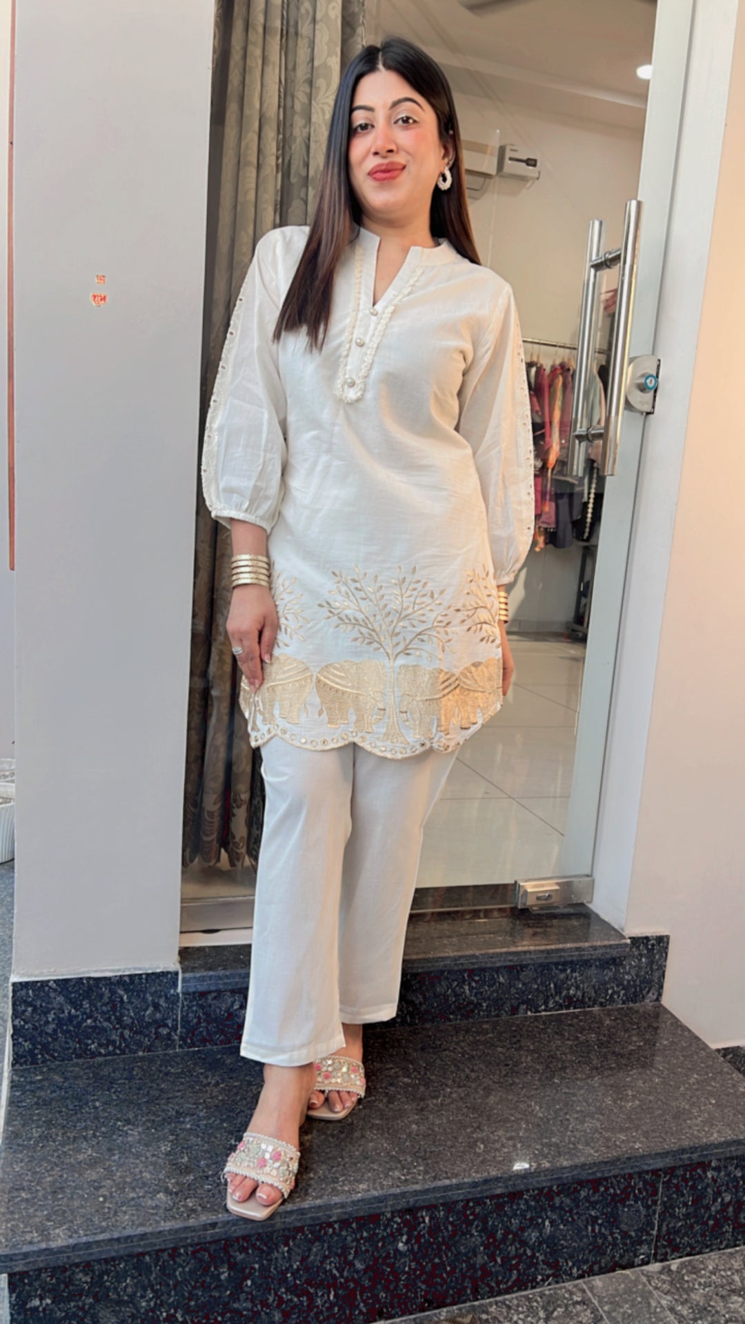 IVORY WHITE MUL COTTON CO-ORD SET - AR 5673