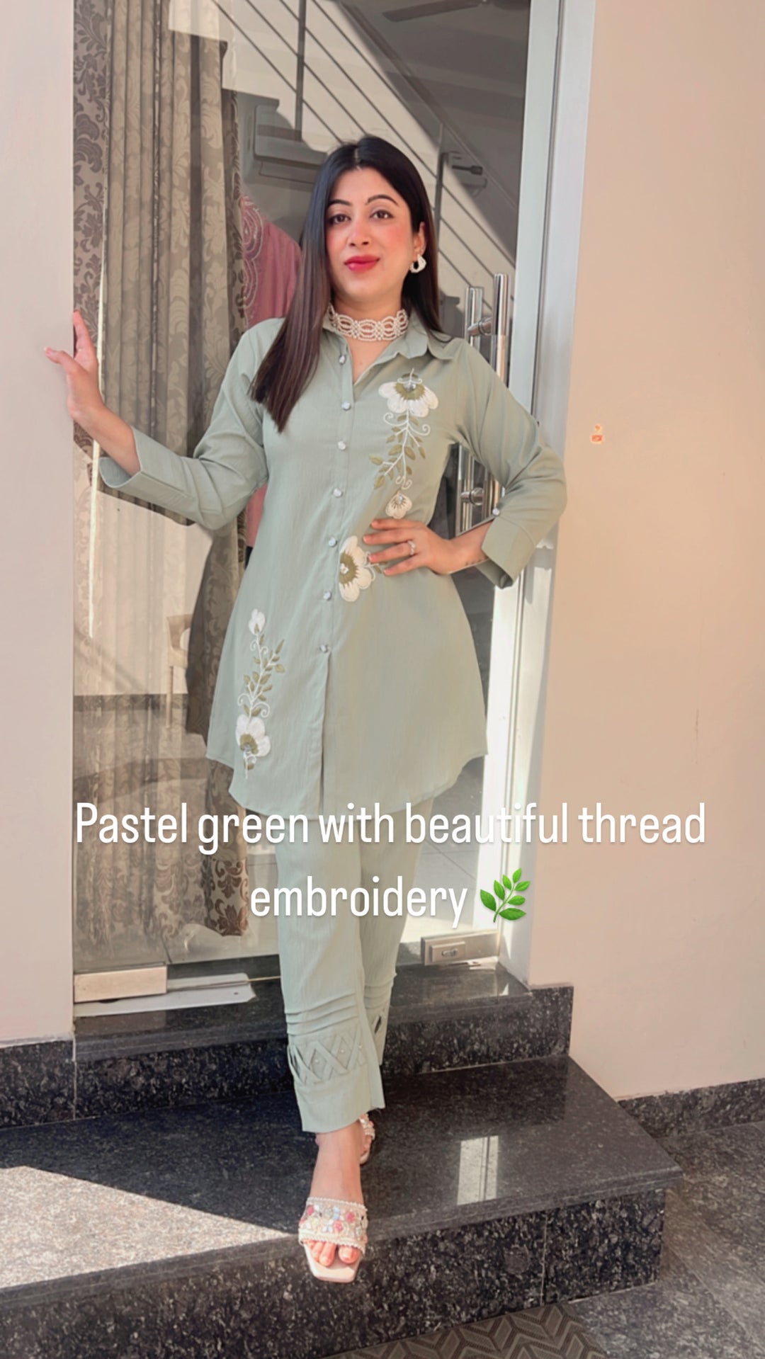PASTEL GREEN THREAD EMBROIDERY CO-ORD SET - AR 5679
