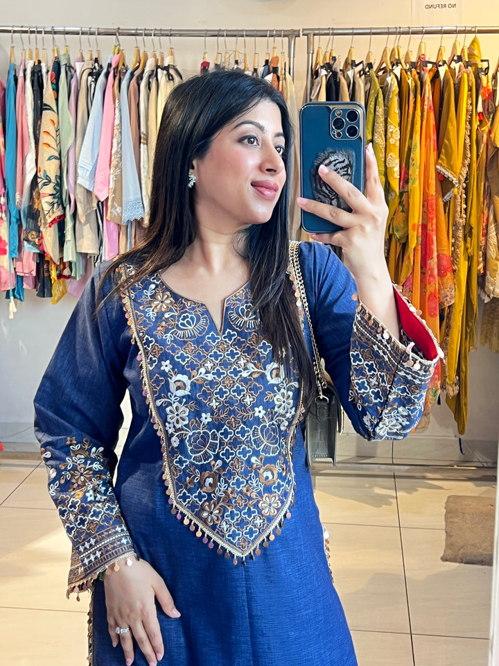 "SIMMY"-COTTON DENIM Thread Embroidered Co ord Set