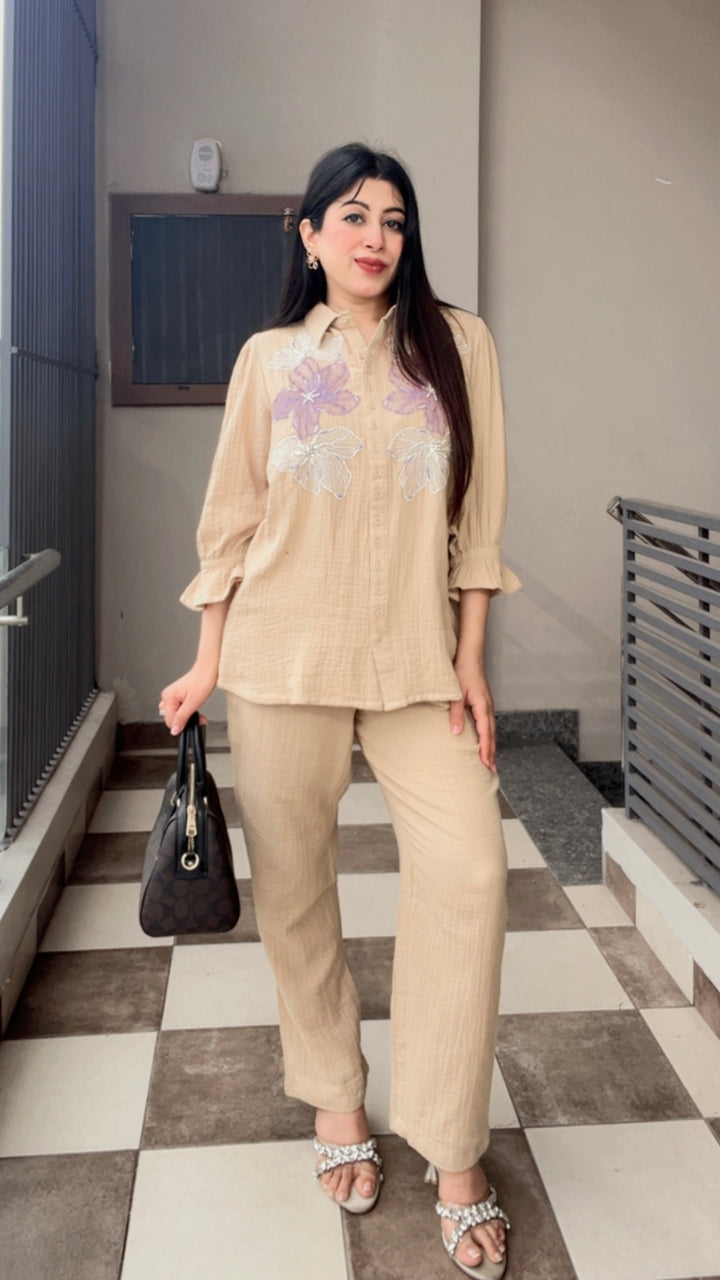 "SERA"-BEIGE EMBROIDERED FLORAL CO-ORD