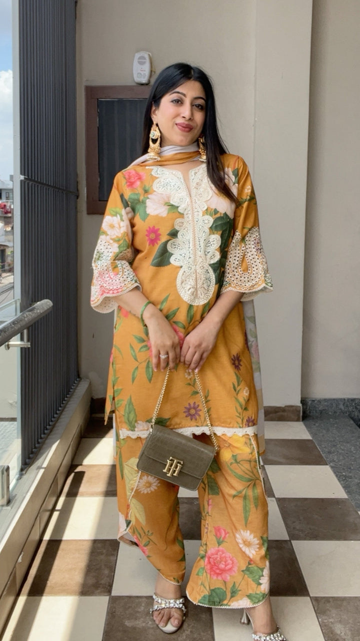 "SAGE"-MUSTARD TULIP PANTS THREE PIECE SUIT