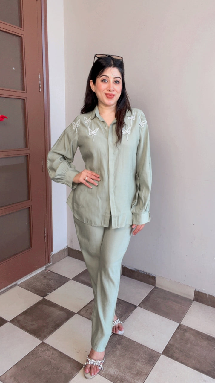 GREEN BUTTERFLY PEARL DETAILING HANDWORK CO-ORD