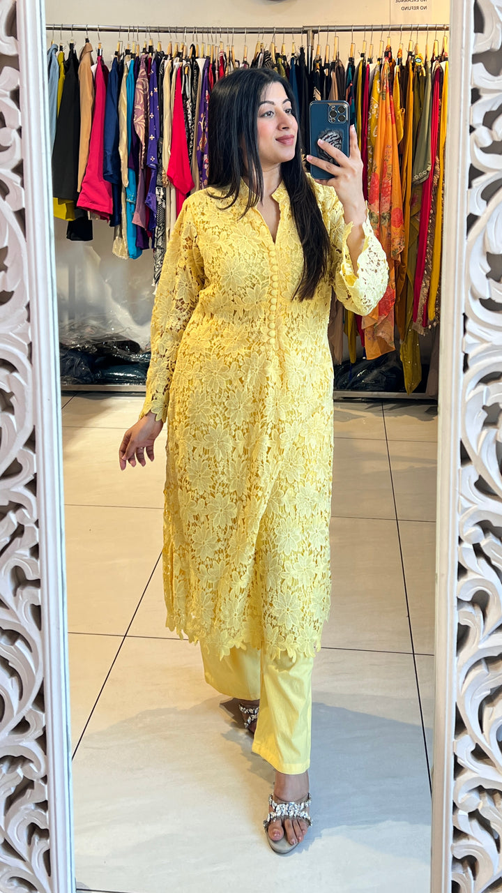 YELLOW COTTON CROCHET CO-ORD  WITH LINING