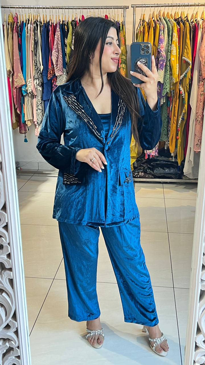 "MAHI"-3 PC VELVET BLAZER SET WITH HANDWORK
