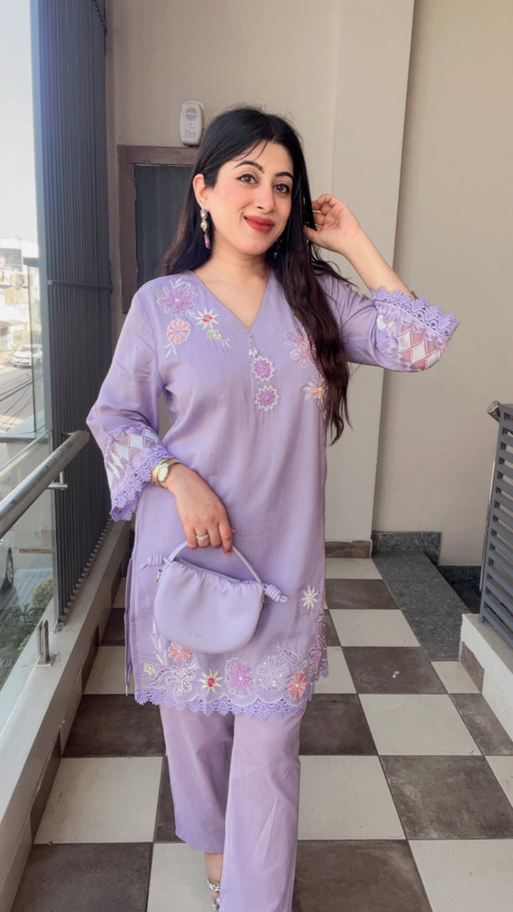 "LILY"-LILAC MUL COTTON EMBROIDERY CO-ORD WITH HANDWORK DETAILINGS