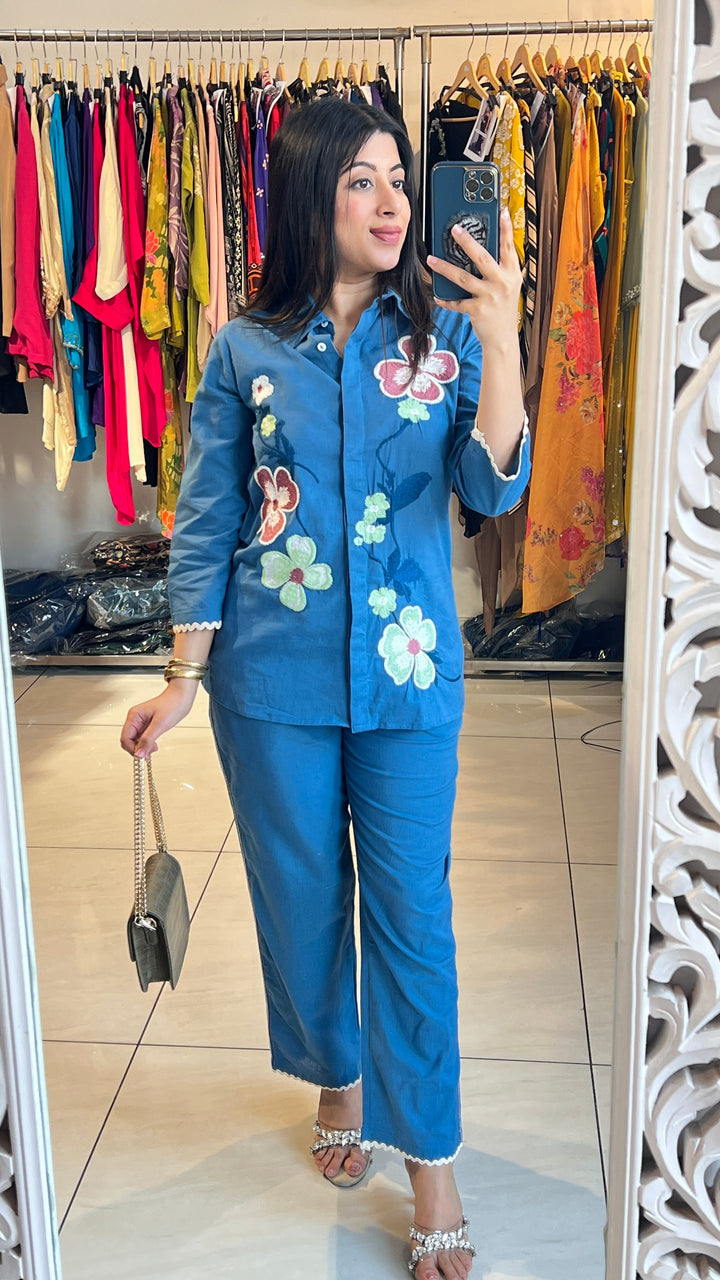 "SAFA"-BLUE FLORAL EMBROIDERY CO-ORD