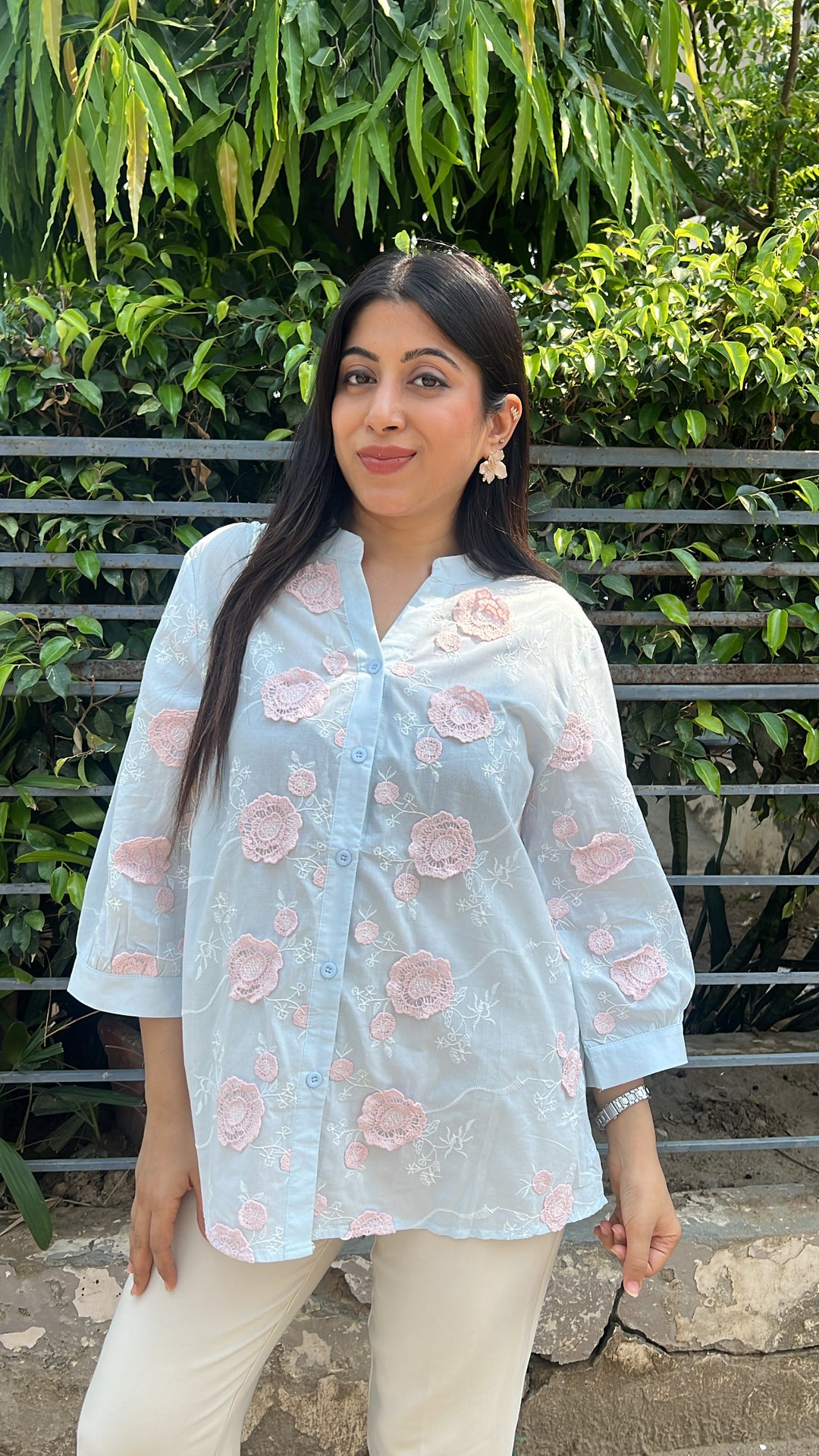 "misri"-blue floral embroidery shirt