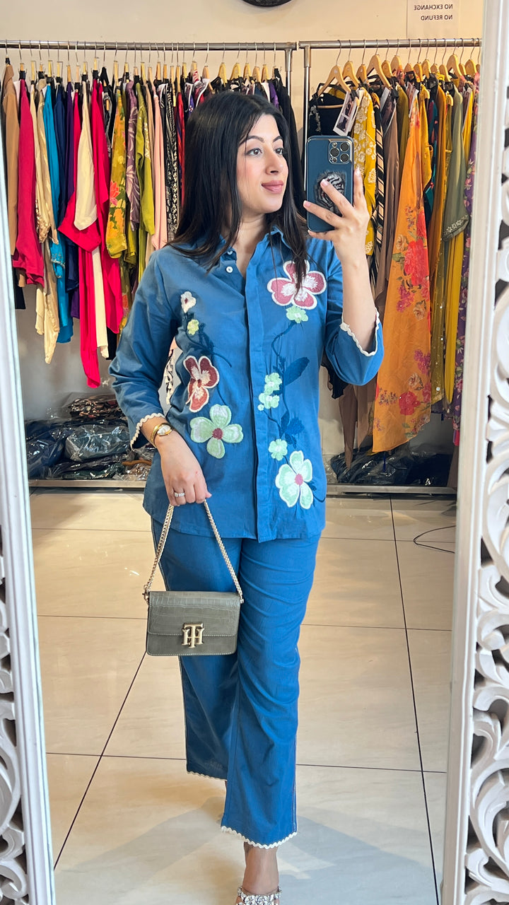 "SAFA"-BLUE FLORAL EMBROIDERY CO-ORD