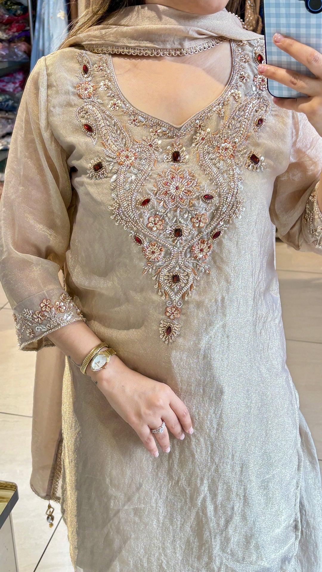"rakhi"-three piece NECKLINE EMBELLISHED FARSHI suit