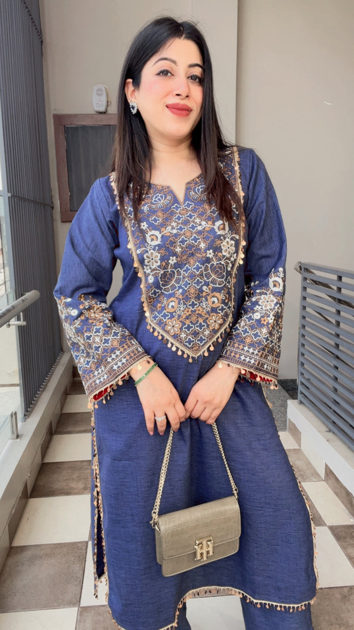 "SIMMY"-COTTON DENIM Thread Embroidered Co ord Set