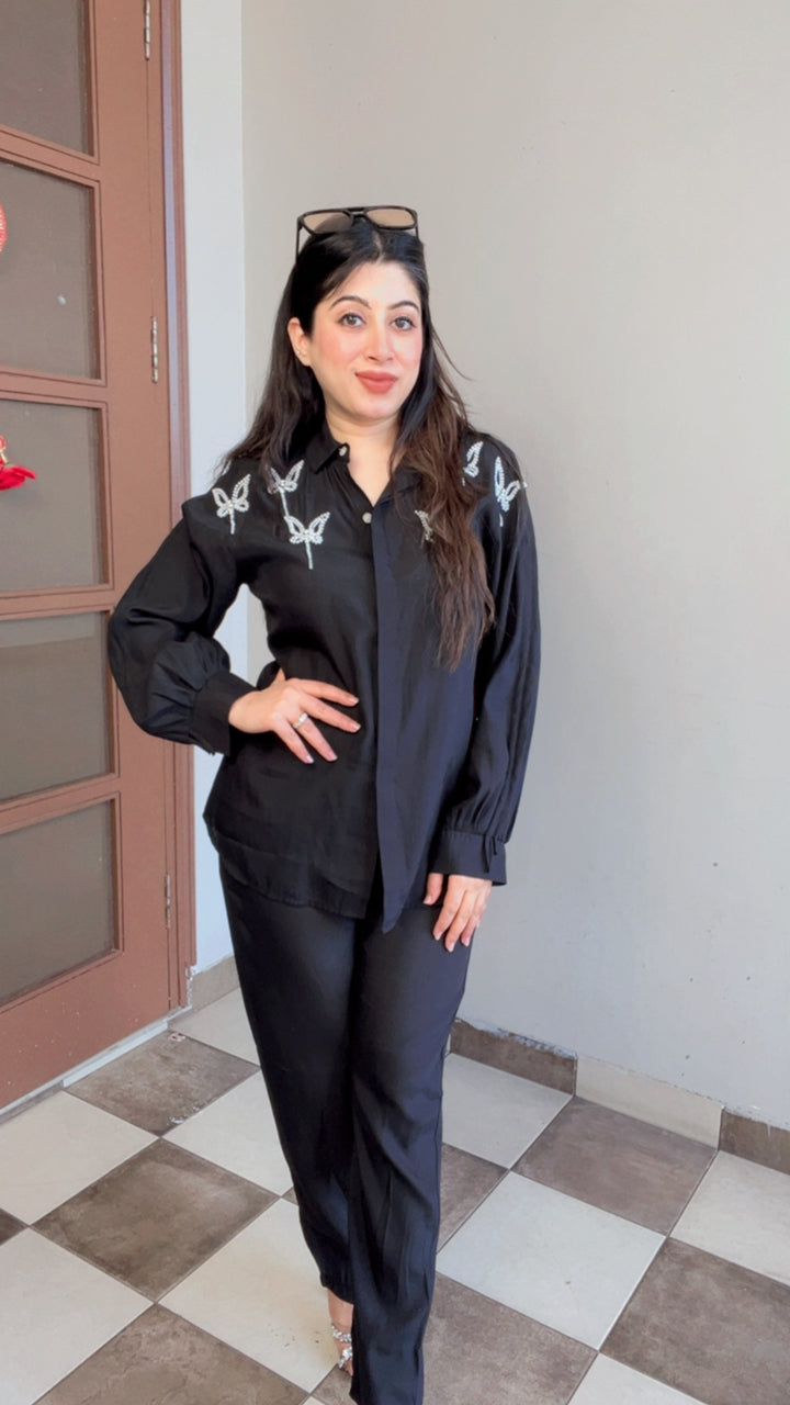 BLACK BUTTERFLY PEARL DETAILING HANDWORK CO-ORD