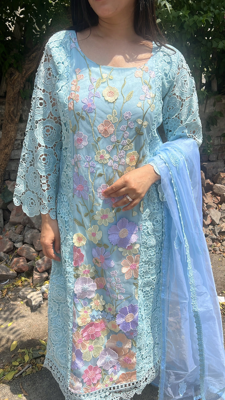 "AIZEL"-Blue CROCHET FLORAL SUIT SET
