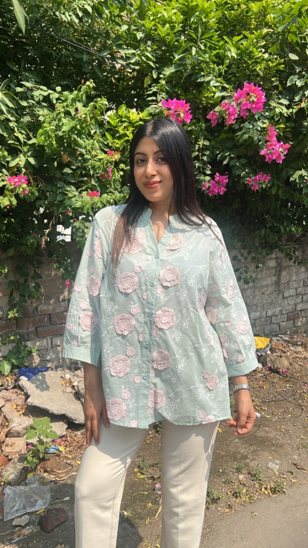 "misri"-green floral embroidery shirt