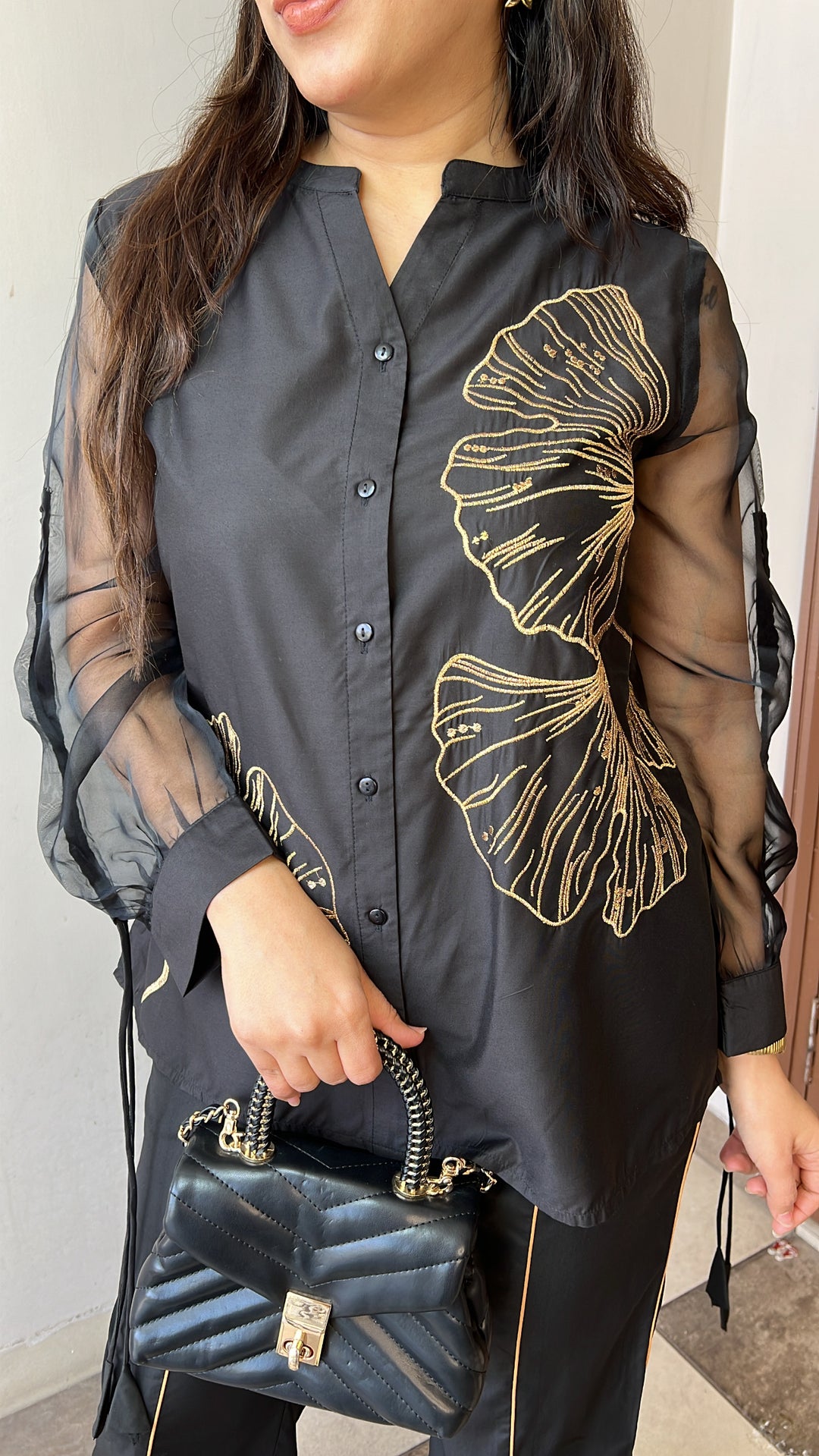 BLACK FLORAL GATHERED SLEEVES CO-ORD