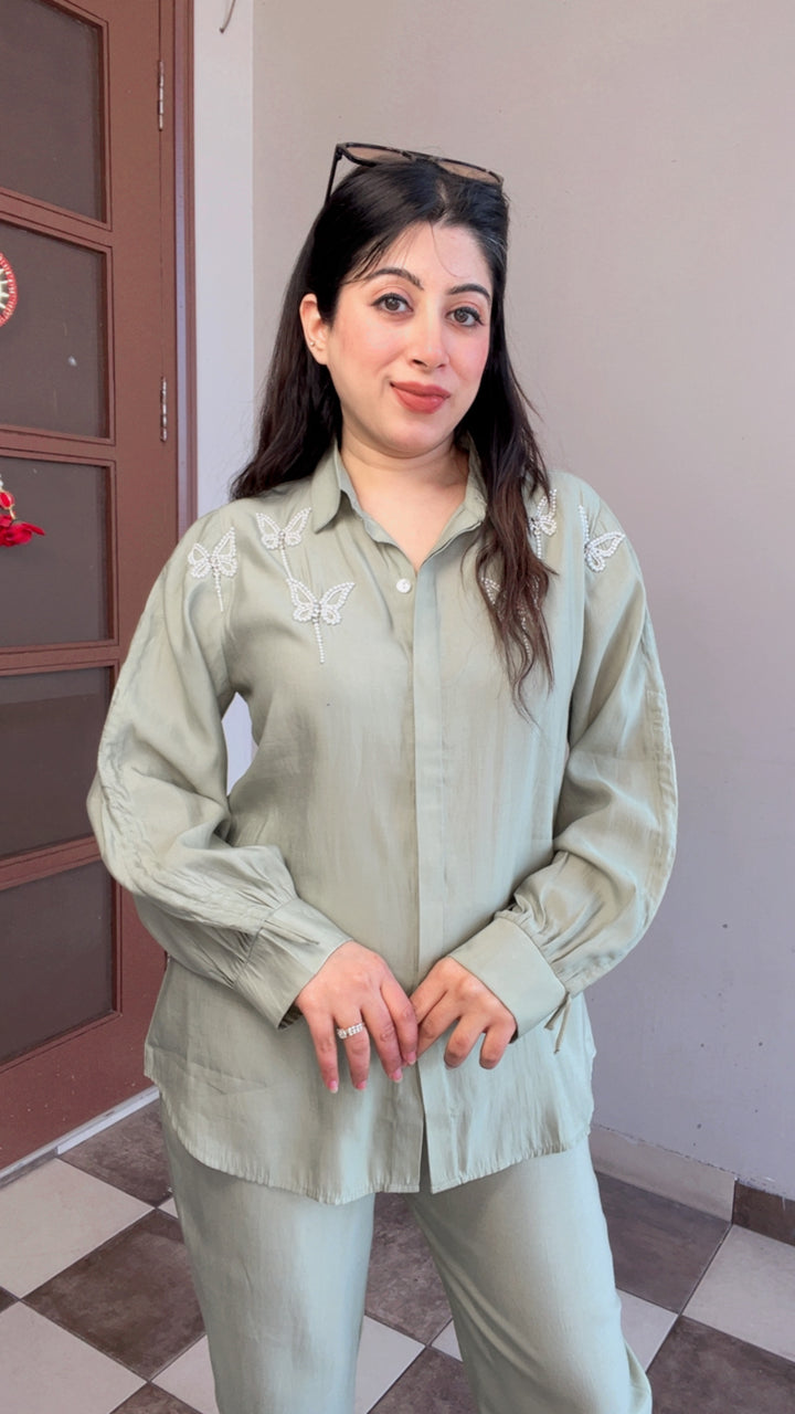 GREEN BUTTERFLY PEARL DETAILING HANDWORK CO-ORD