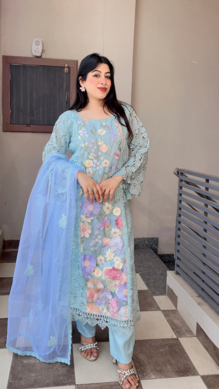"AIZEL"-Blue CROCHET FLORAL SUIT SET
