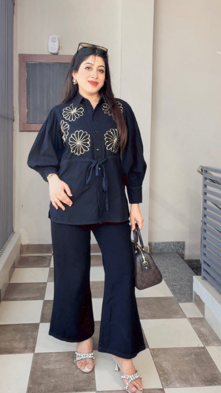 "IVAANA"-BLACK DENIM FLORAL HANDWWORK CO-ORD