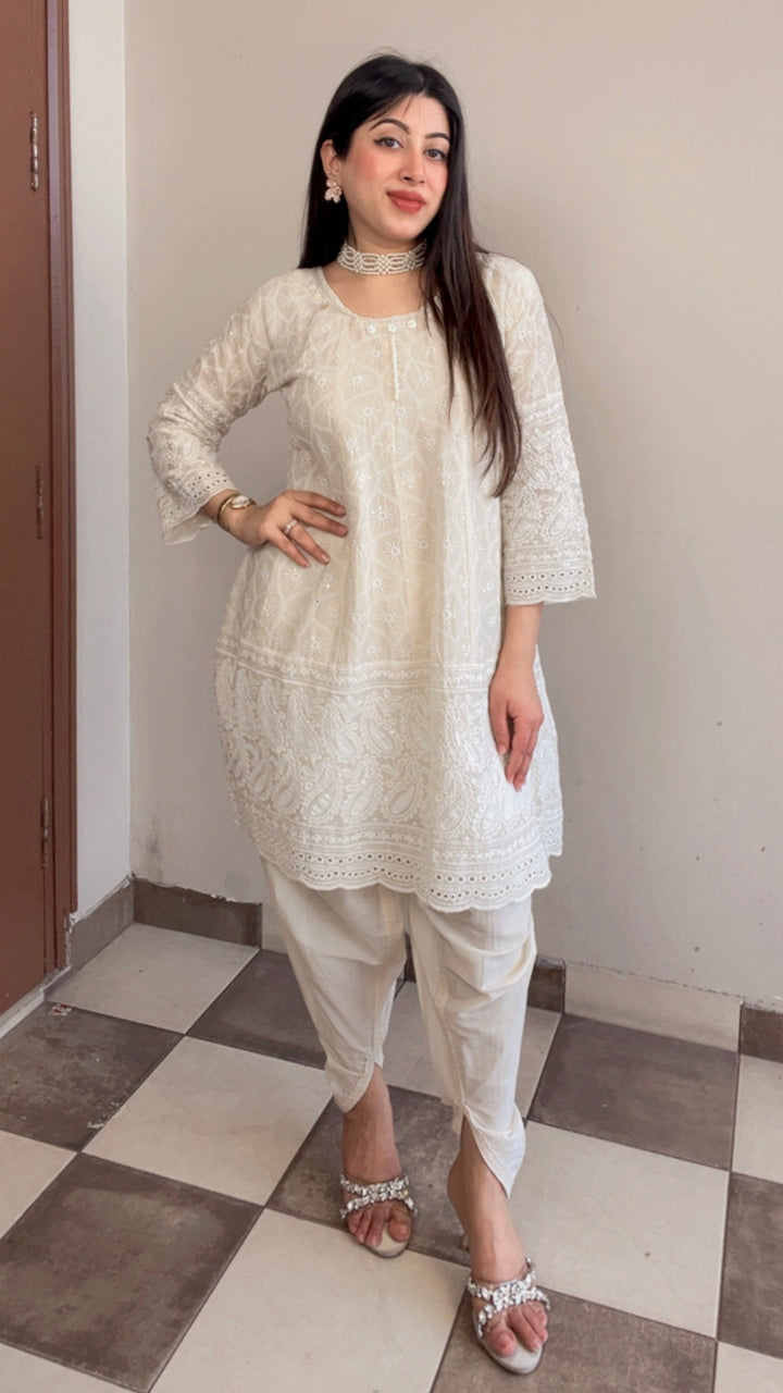 "ASH"-COTTON SCHIFFLI TULIP PANTS CO-ORD WITH POTLI BAG