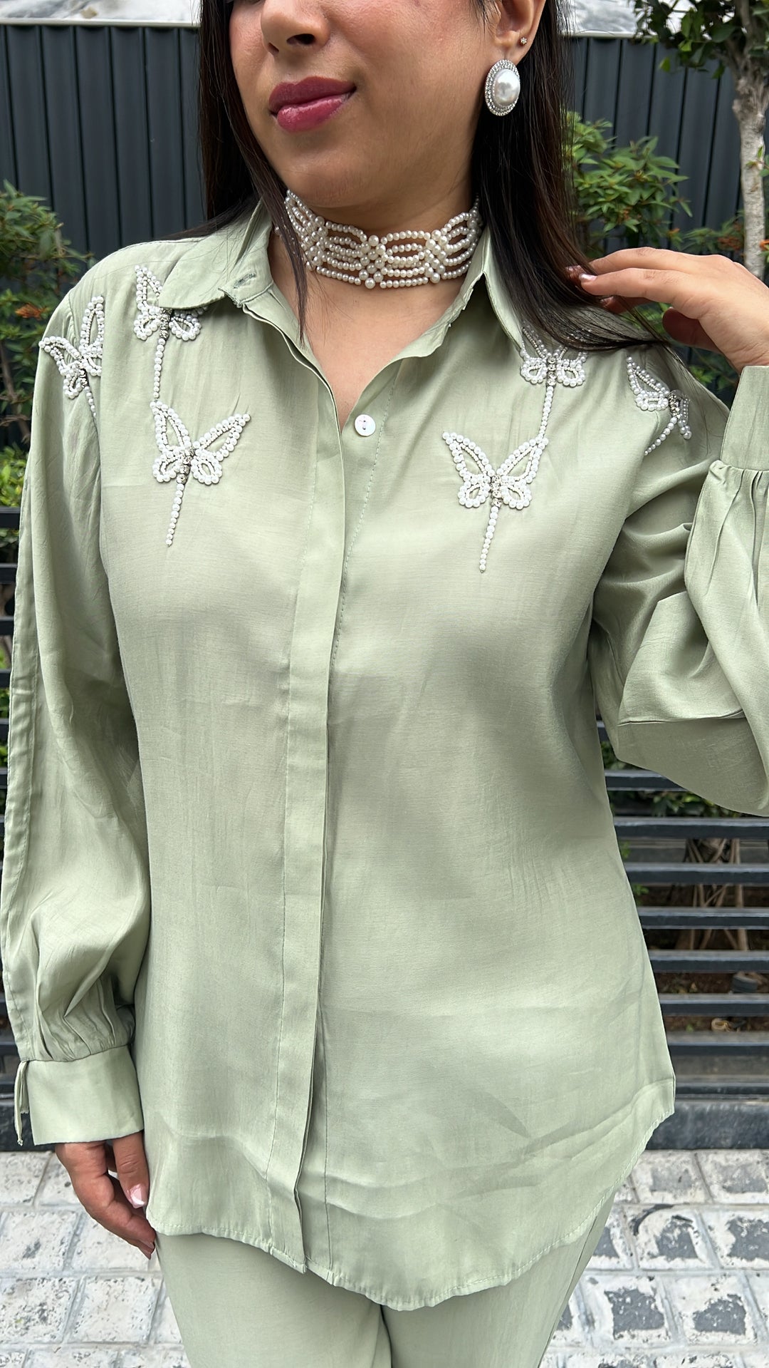 GREEN BUTTERFLY PEARL DETAILING HANDWORK CO-ORD