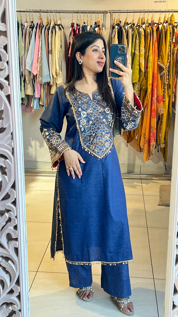 "SIMMY"-COTTON DENIM Thread Embroidered Co ord Set