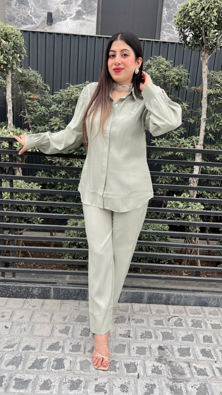 GREEN BUTTERFLY PEARL DETAILING HANDWORK CO-ORD