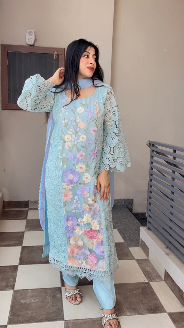 "AIZEL"-Blue CROCHET FLORAL SUIT SET