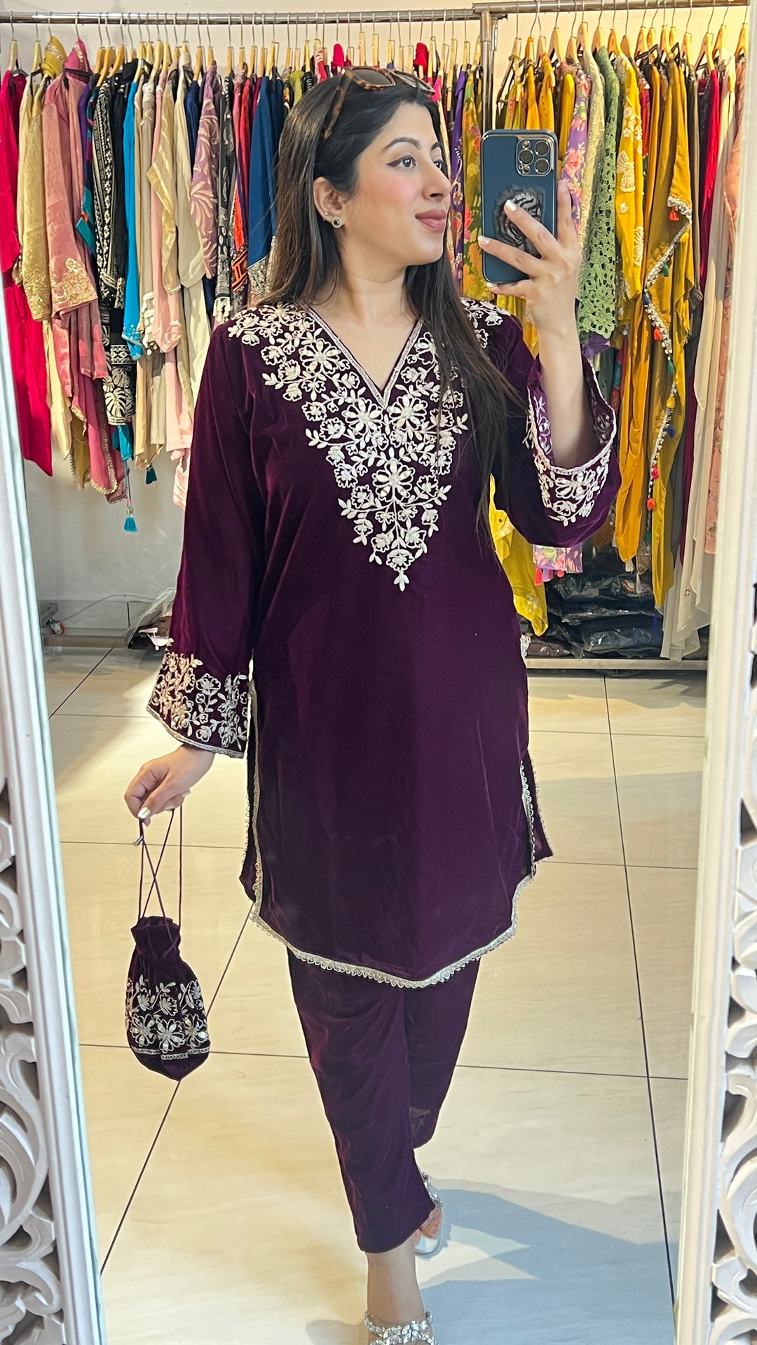 "ZAINA"-VELVET CO-ORD WITH POTLI BAG