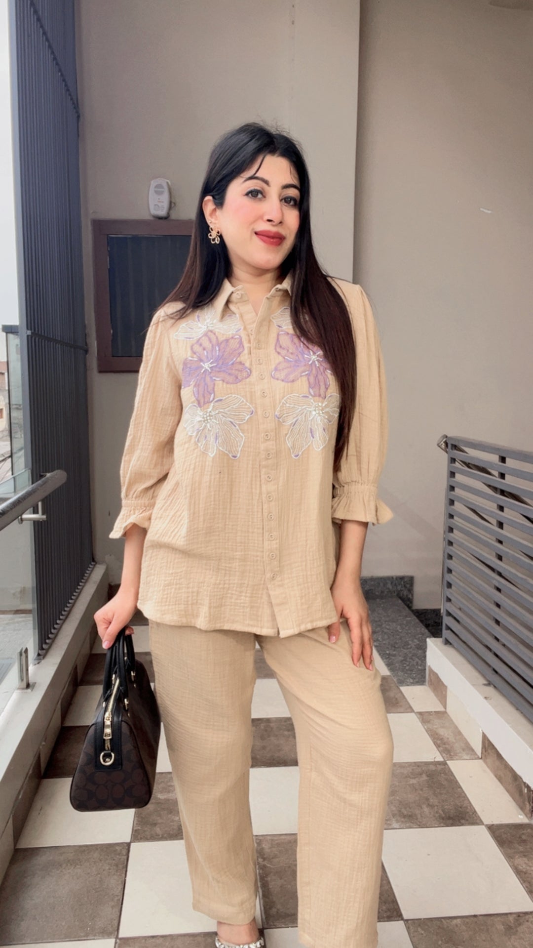 "SERA"-BEIGE EMBROIDERED FLORAL CO-ORD