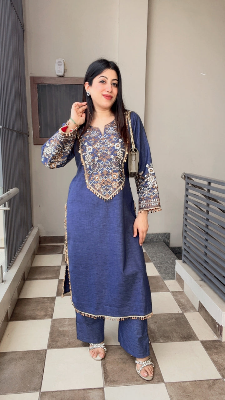 "SIMMY"-COTTON DENIM Thread Embroidered Co ord Set