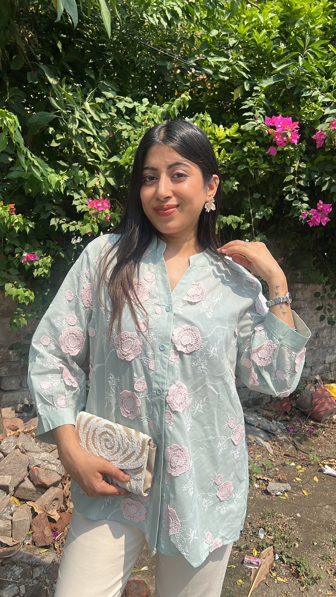 "misri"-green floral embroidery shirt