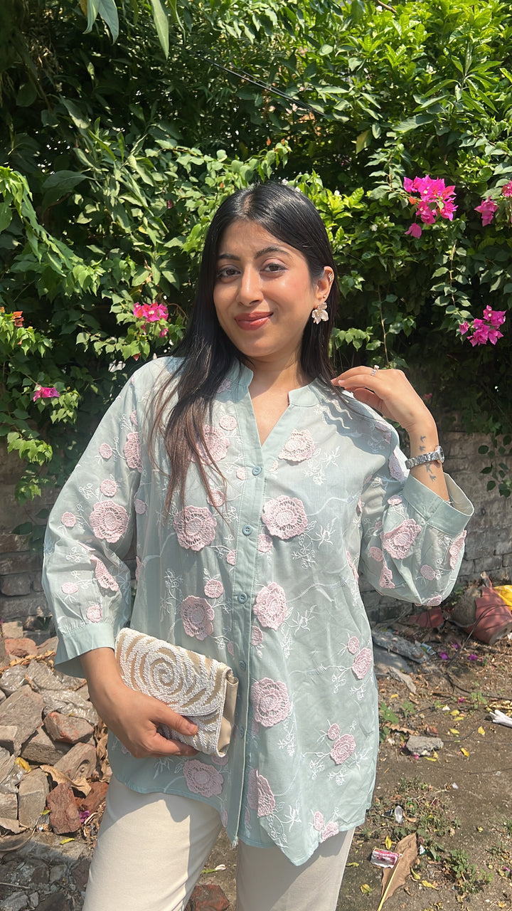 "misri"-green floral embroidery shirt