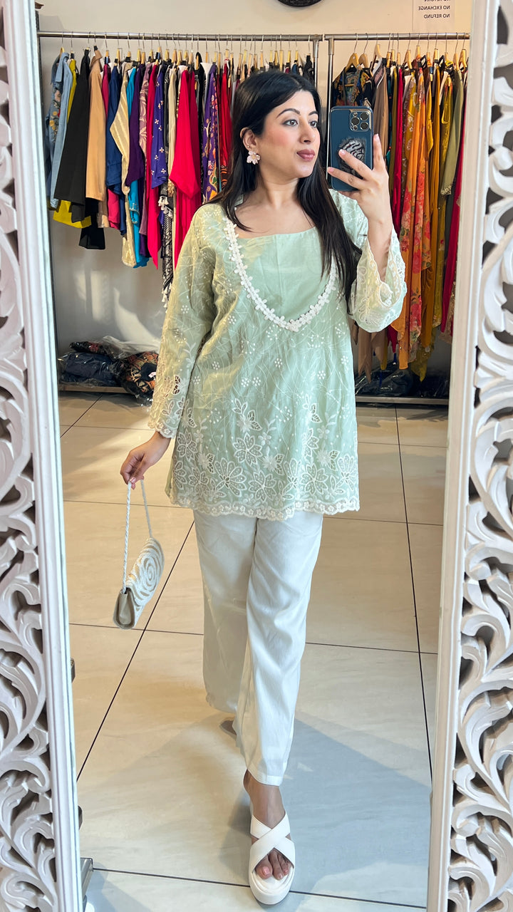 SEA GREEN 3pc Cotton Partywear Co-ord Set With Short Inner