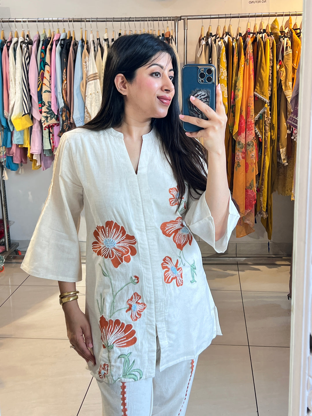 "AASRA"-WHITE FLORAL EMBROIDERY TULIP PANTS CO-ORD