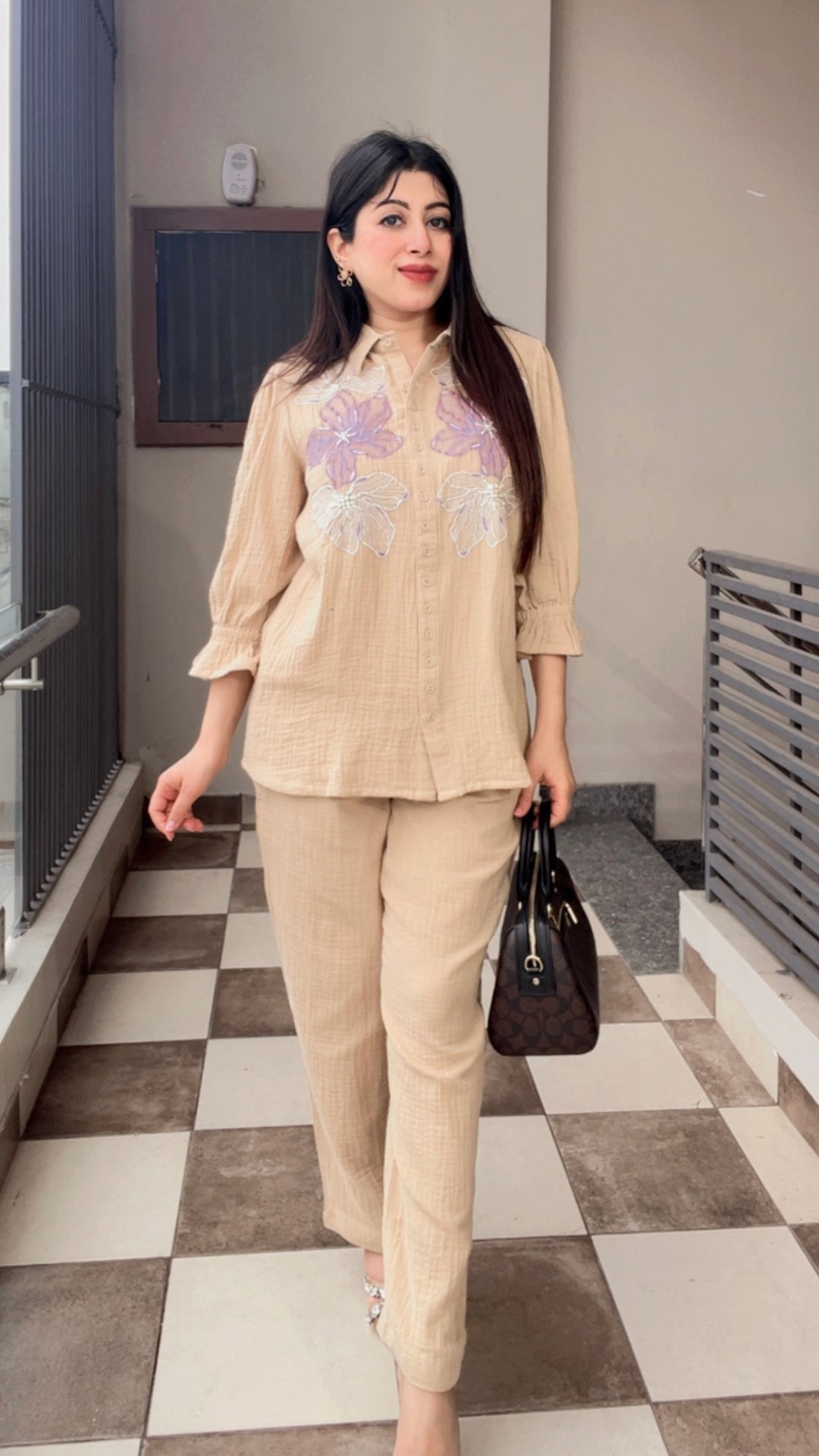 "SERA"-BEIGE EMBROIDERED FLORAL CO-ORD