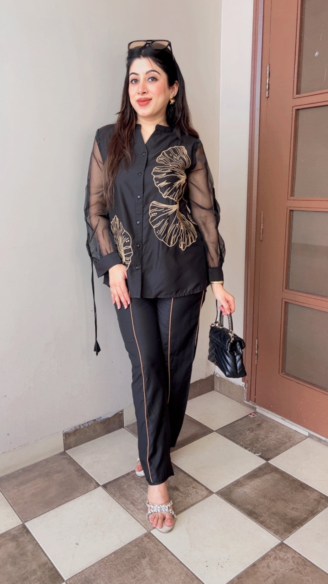 BLACK FLORAL GATHERED SLEEVES CO-ORD