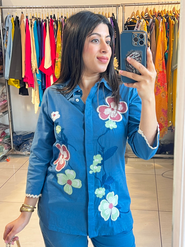 "SAFA"-BLUE FLORAL EMBROIDERY CO-ORD
