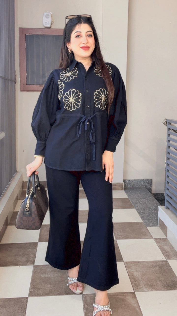 "IVAANA"-BLACK DENIM FLORAL HANDWWORK CO-ORD