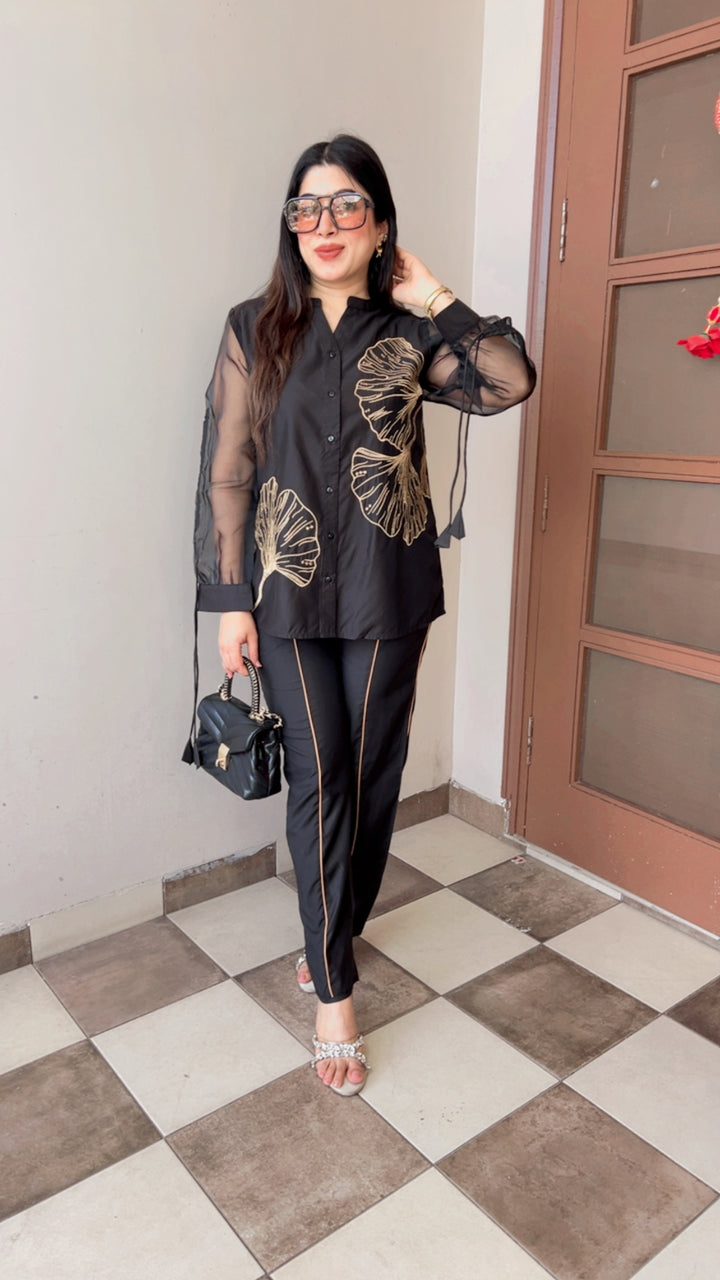 BLACK FLORAL GATHERED SLEEVES CO-ORD