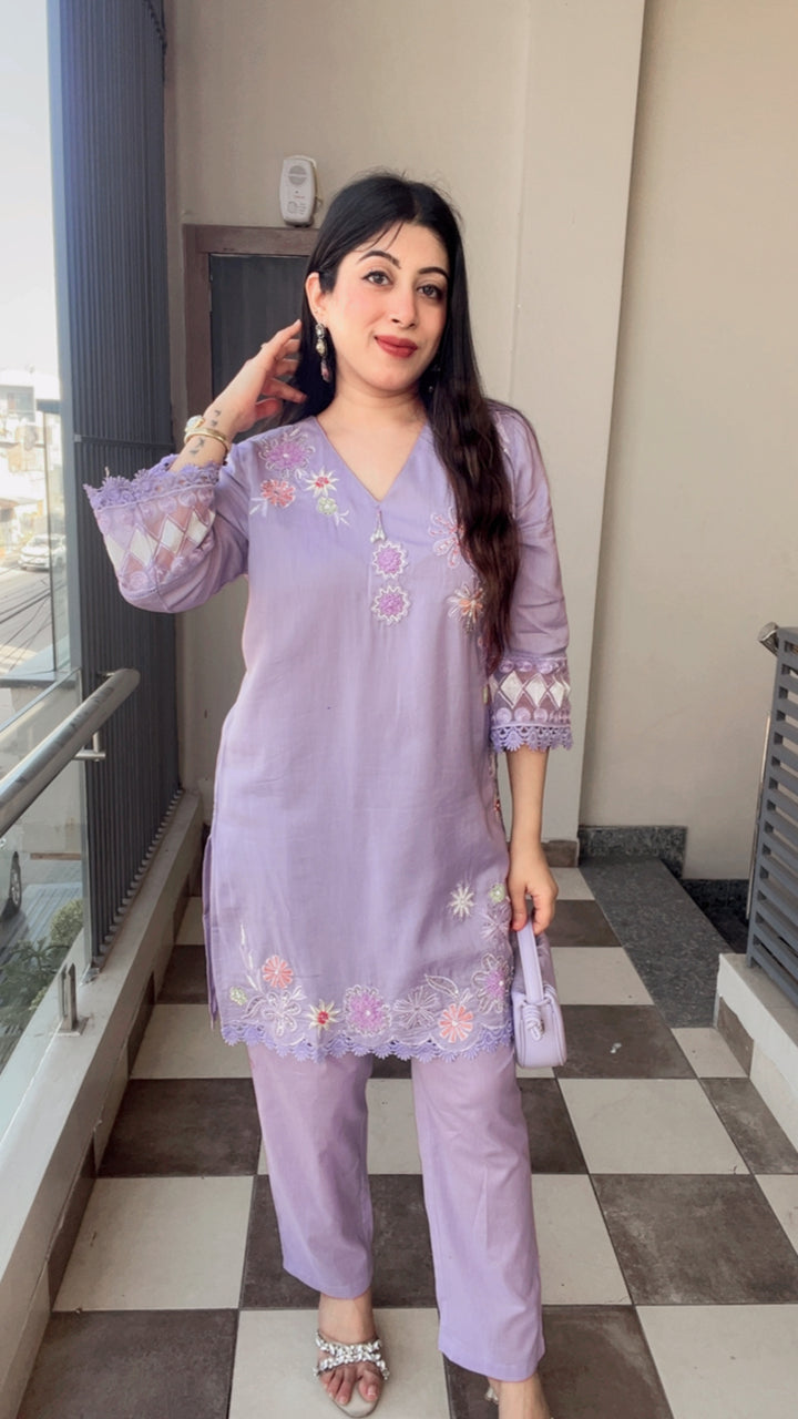 "LILY"-LILAC MUL COTTON EMBROIDERY CO-ORD WITH HANDWORK DETAILINGS