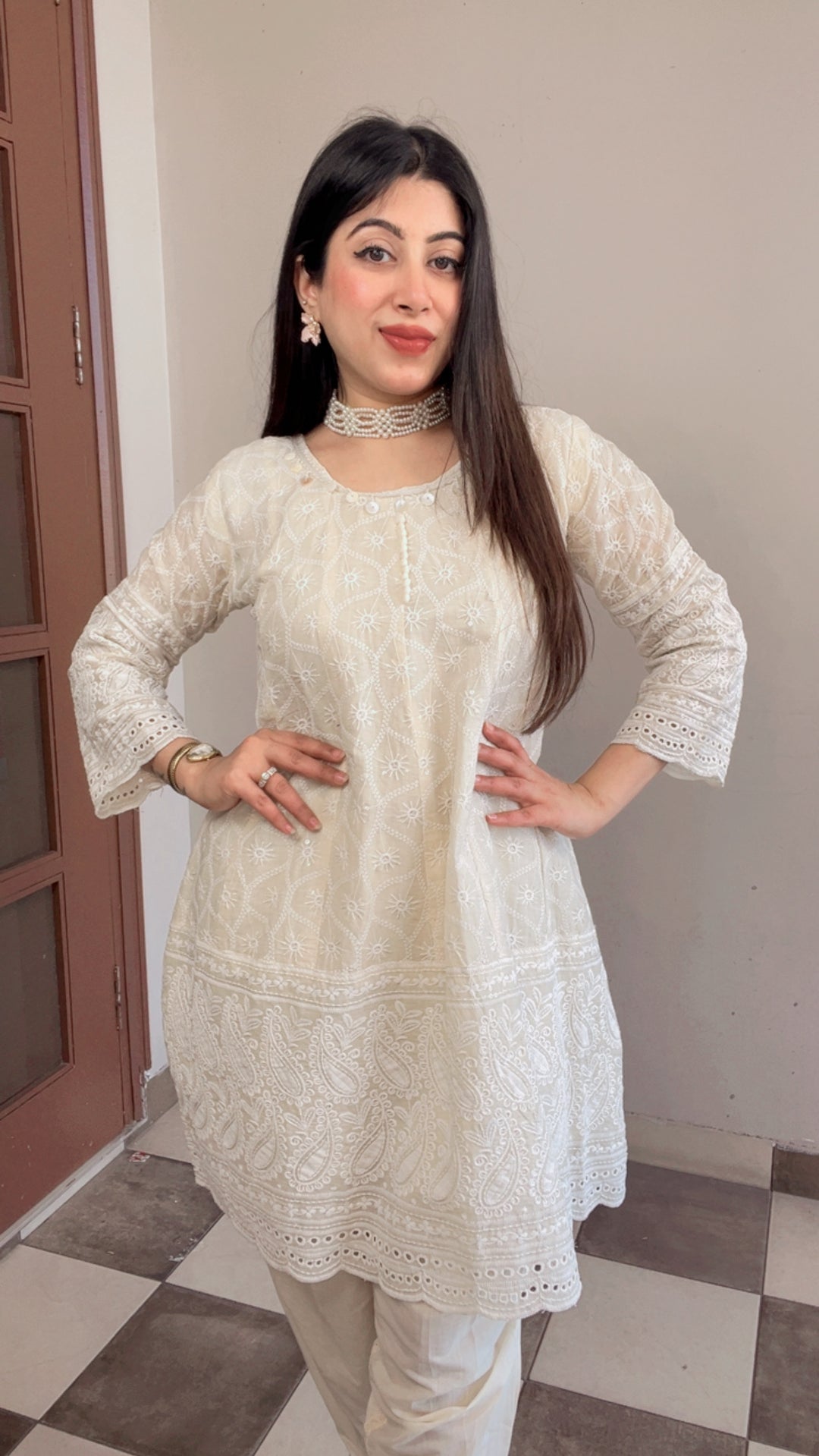 "ASH"-COTTON SCHIFFLI TULIP PANTS CO-ORD WITH POTLI BAG