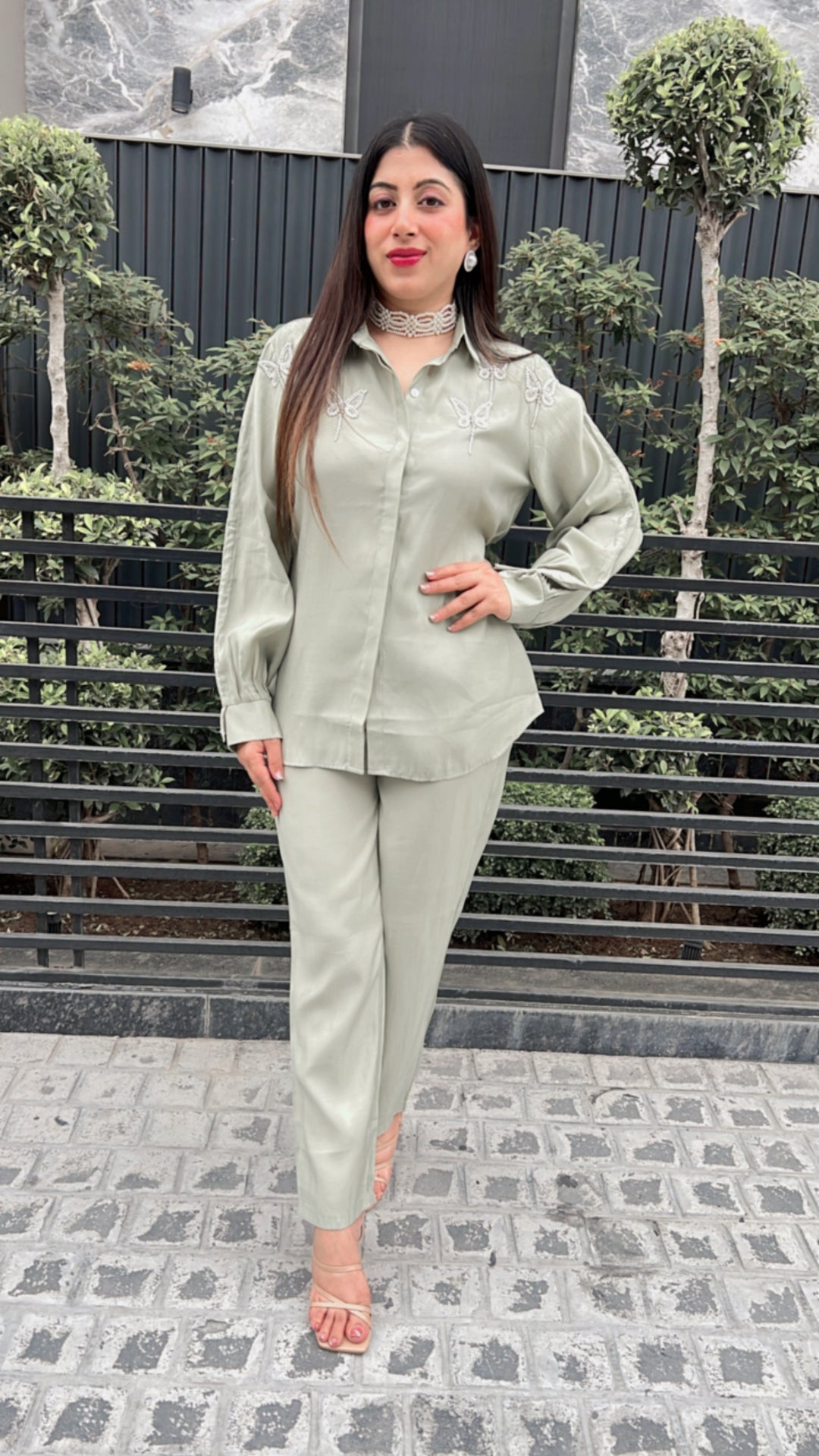 GREEN BUTTERFLY PEARL DETAILING HANDWORK CO-ORD