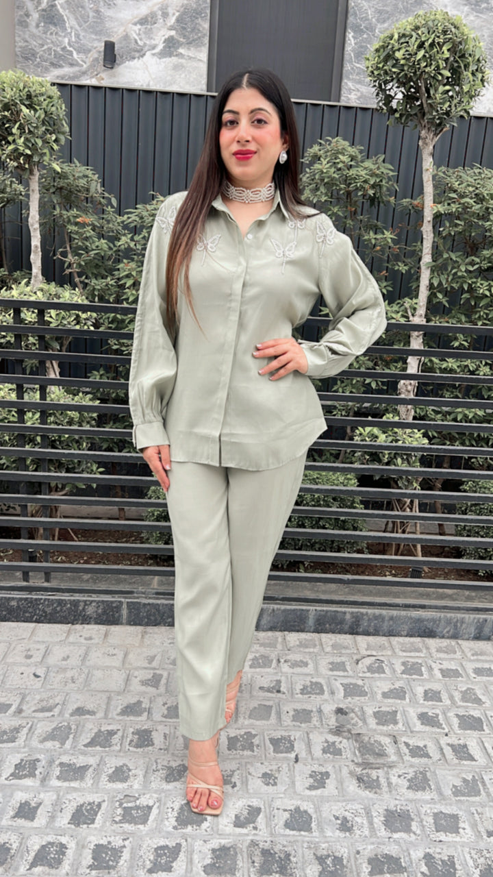 GREEN BUTTERFLY PEARL DETAILING HANDWORK CO-ORD
