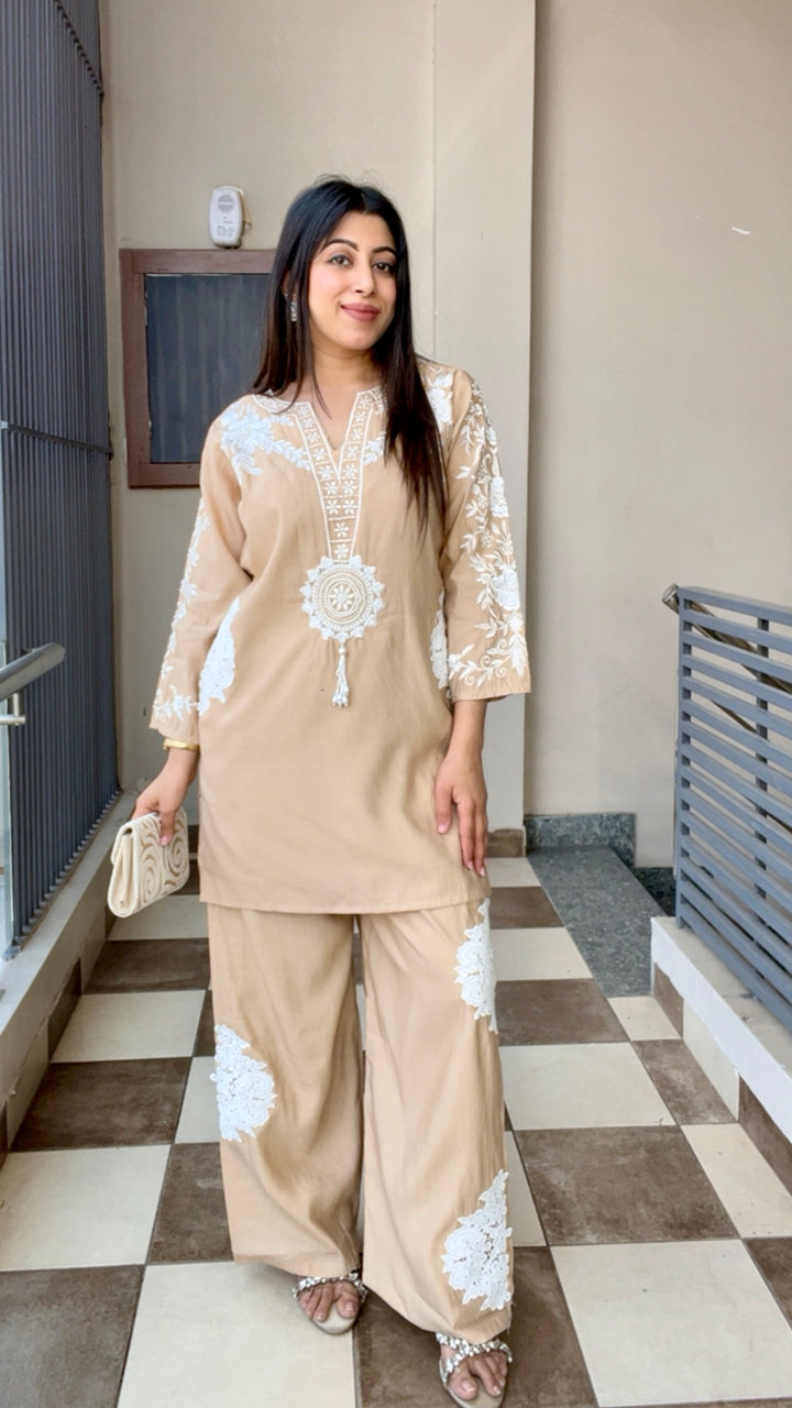 "KAYA"-BEIGE CO-ORD WITH HANDWORK AND EMBROIDERY DETAILING