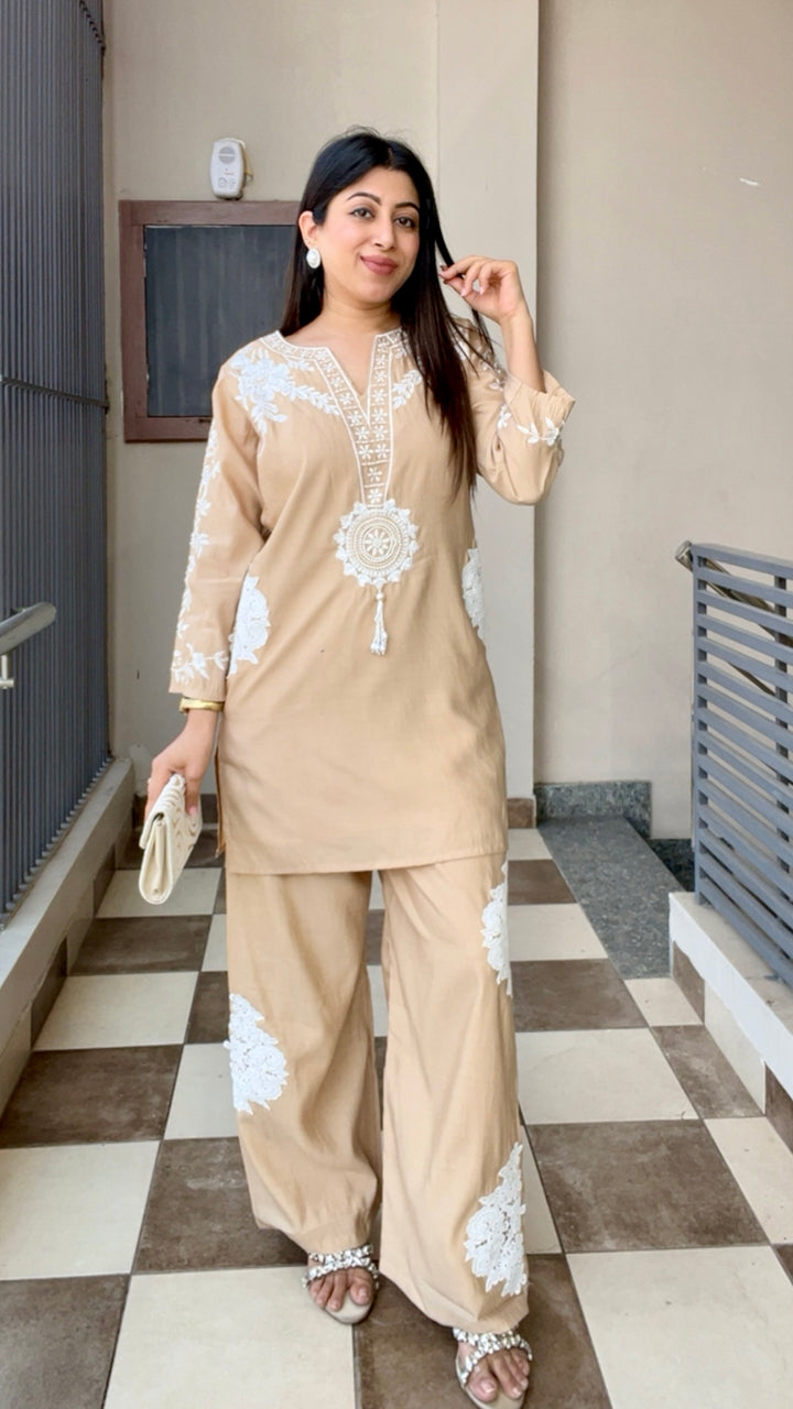 "KAYA"-BEIGE CO-ORD WITH HANDWORK AND EMBROIDERY DETAILING