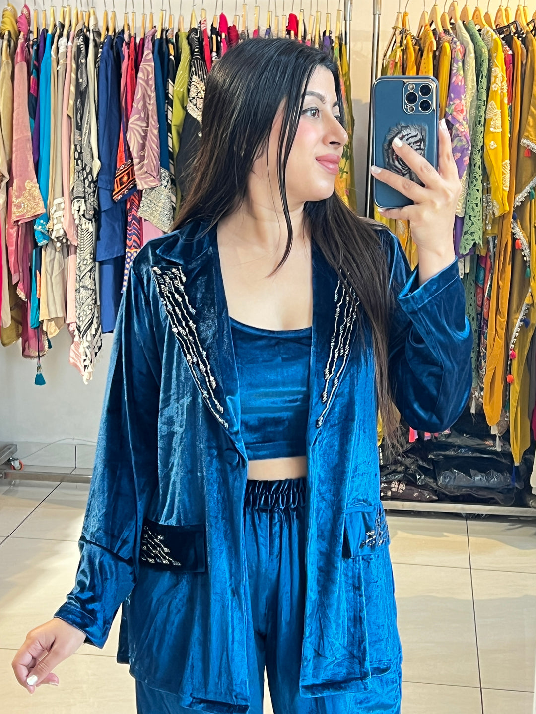 "MAHI"-3 PC VELVET BLAZER SET WITH HANDWORK