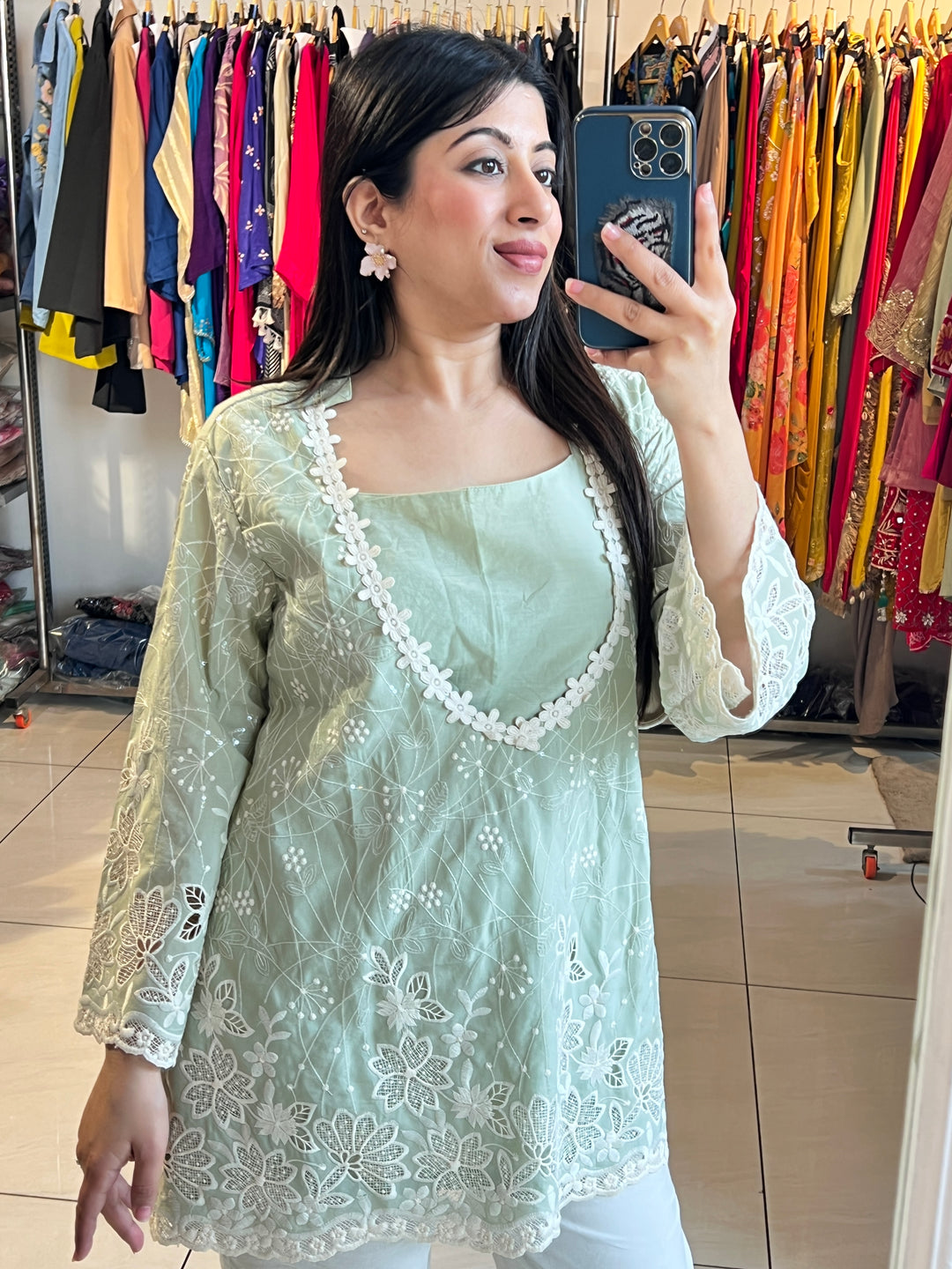 SEA GREEN 3pc Cotton Partywear Co-ord Set With Short Inner