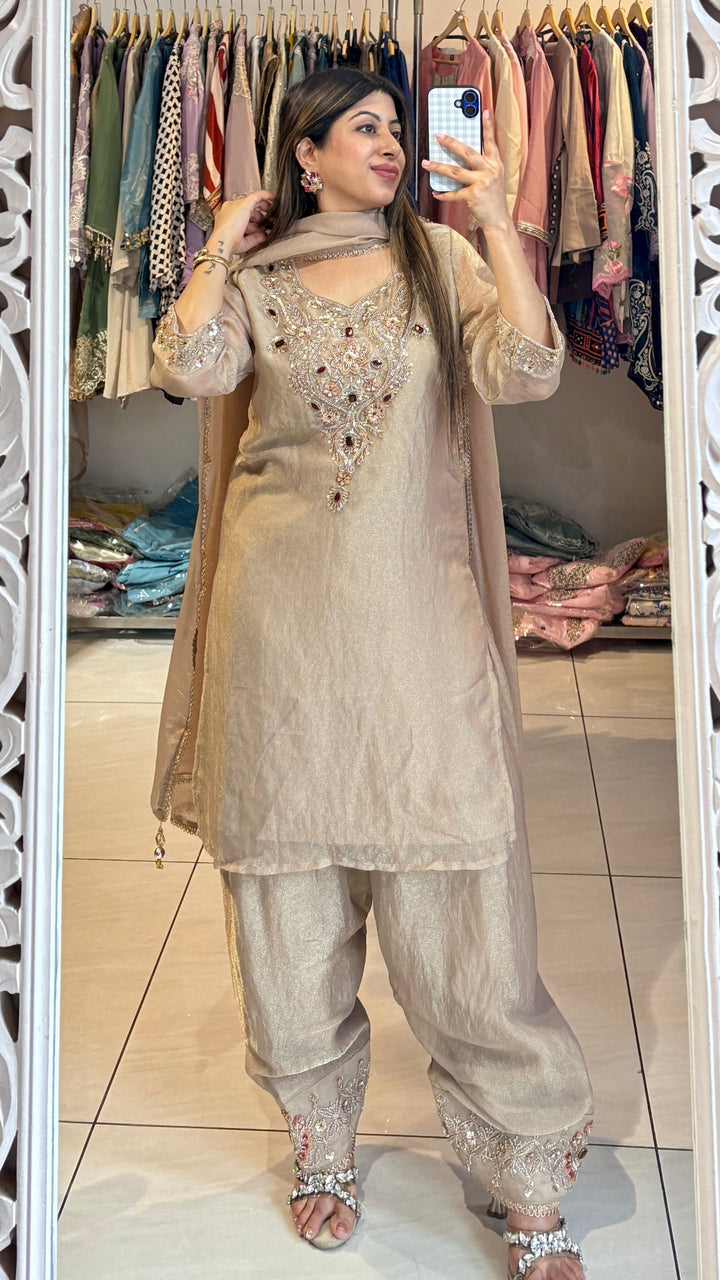 "rakhi"-three piece NECKLINE EMBELLISHED FARSHI suit