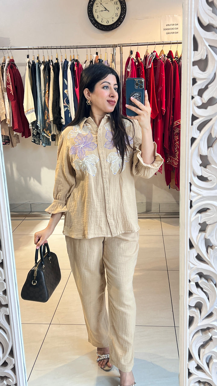 "SERA"-BEIGE EMBROIDERED FLORAL CO-ORD