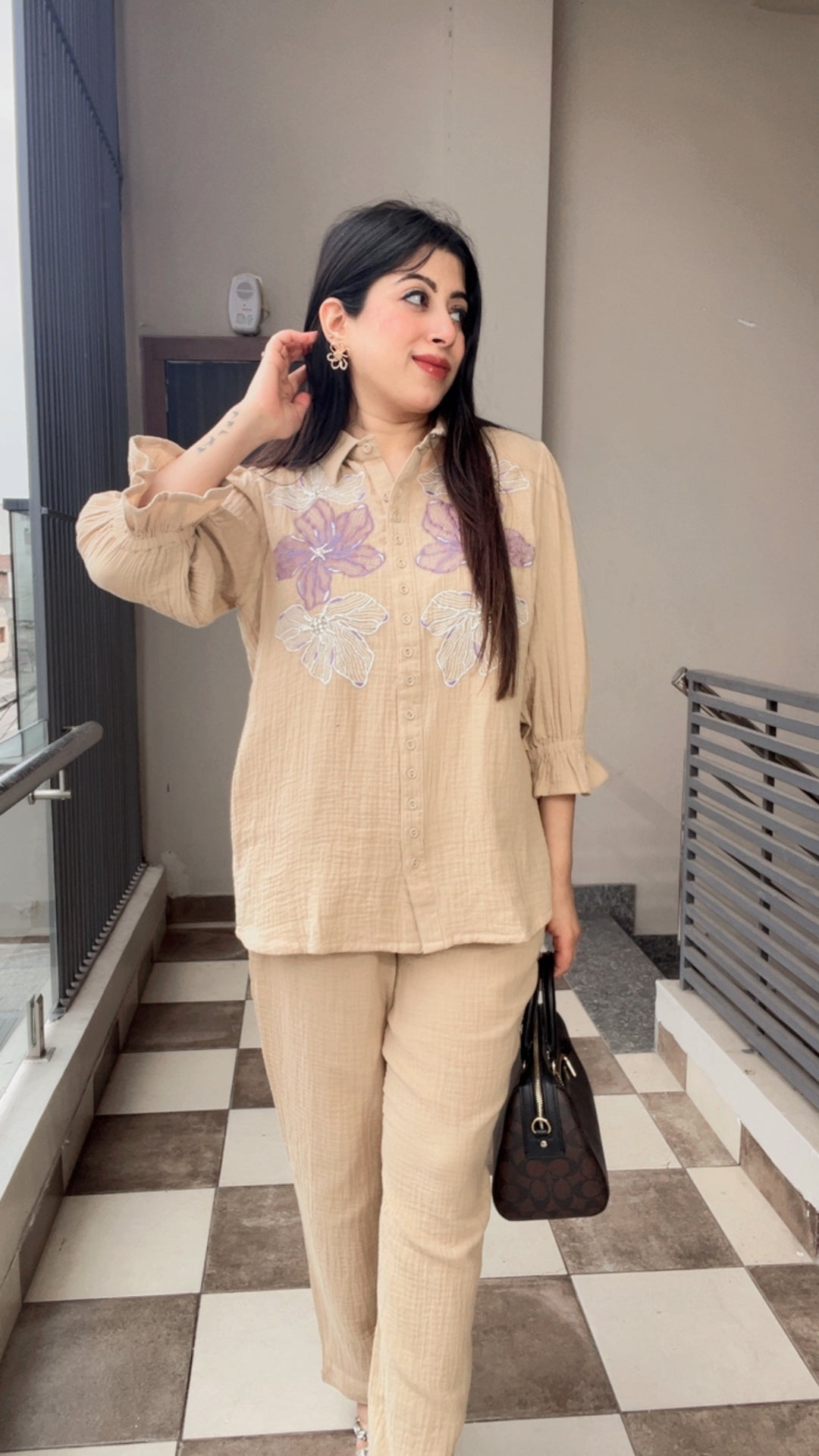 "SERA"-BEIGE EMBROIDERED FLORAL CO-ORD