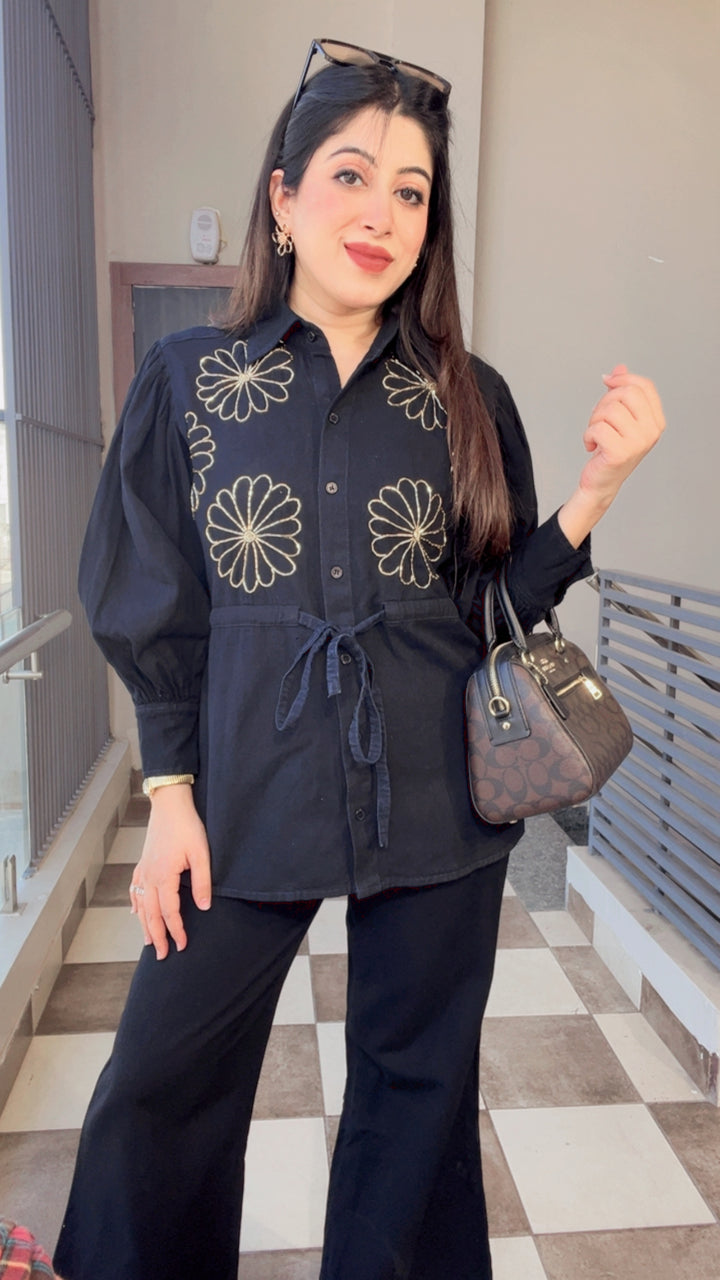 "IVAANA"-BLACK DENIM FLORAL HANDWWORK CO-ORD